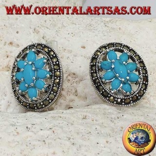 Orecchini in argento a fiore di turchesi incastonati in un cerchio di marcassite con chiusura a blocco