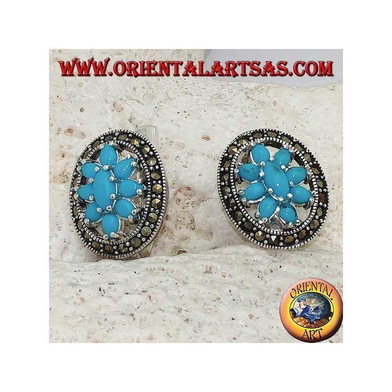 Turquoise flower silver earrings set in a marcasite circle with block closure