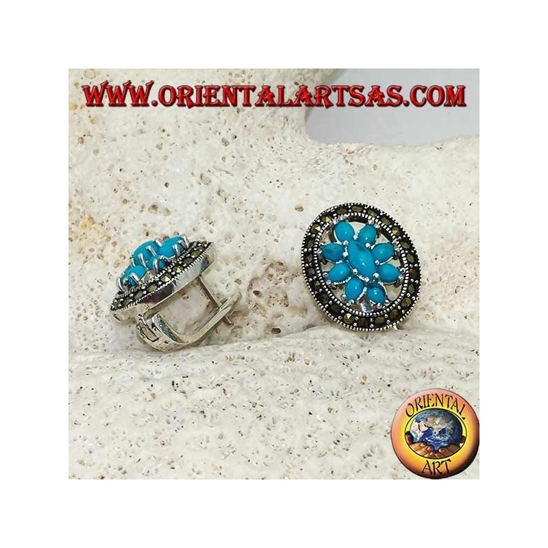 Turquoise flower silver earrings set in a marcasite circle with block closure