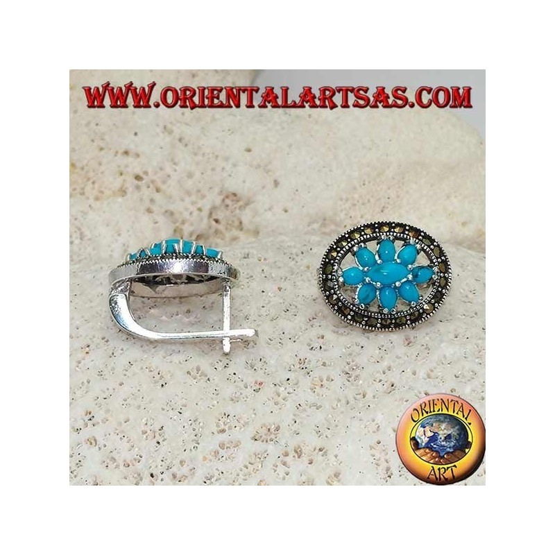 Orecchini in argento a fiore di turchesi incastonati in un cerchio di marcassite con chiusura a blocco