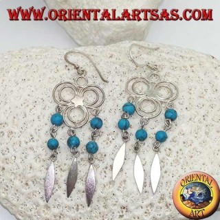 Three circles silver earrings with central star and hanging rows of turquoise and silver balls