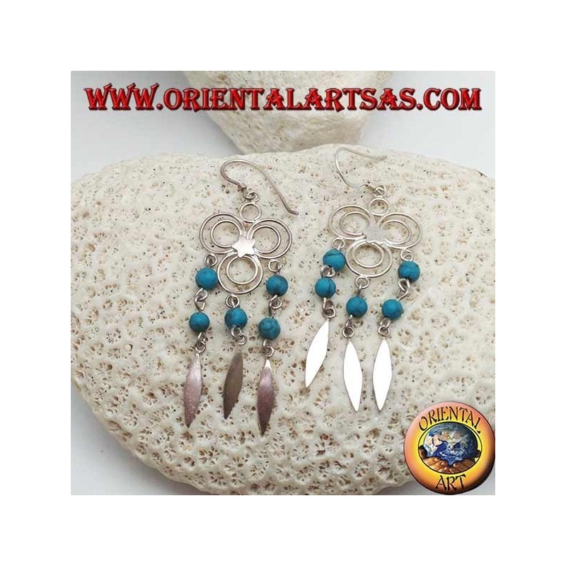 Boucles d'oreilles en argent à trois cercles avec étoile centrale et rangées de boules turquoise et argent