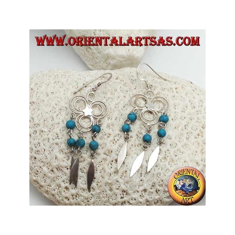 Boucles d'oreilles en argent à trois cercles avec étoile centrale et rangées de boules turquoise et argent