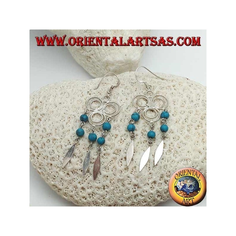 Boucles d'oreilles en argent à trois cercles avec étoile centrale et rangées de boules turquoise et argent