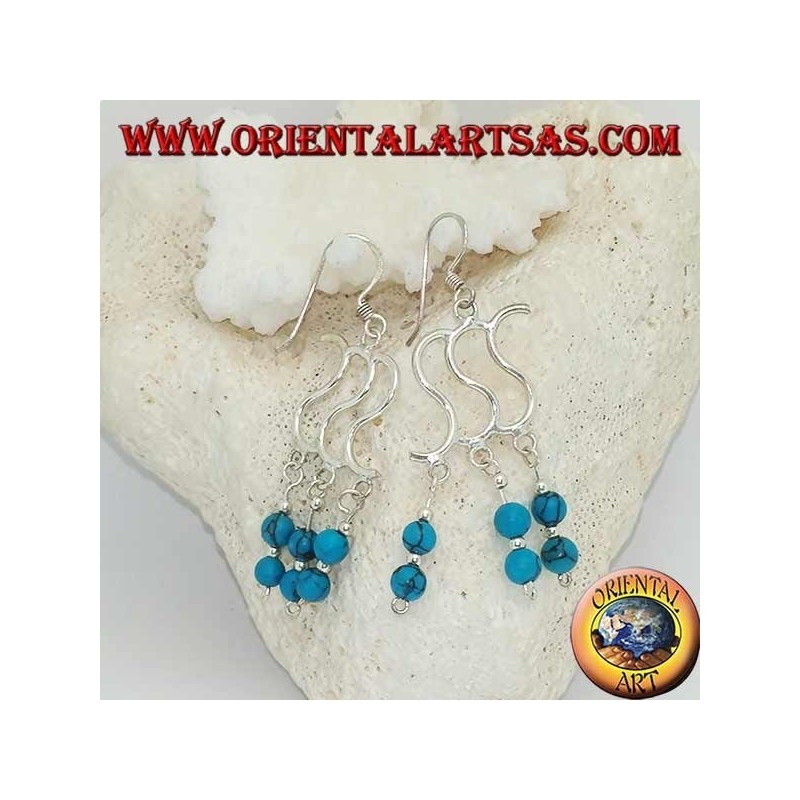 Silver earrings with triple S and three rows with two turquoise balls alternating with silver