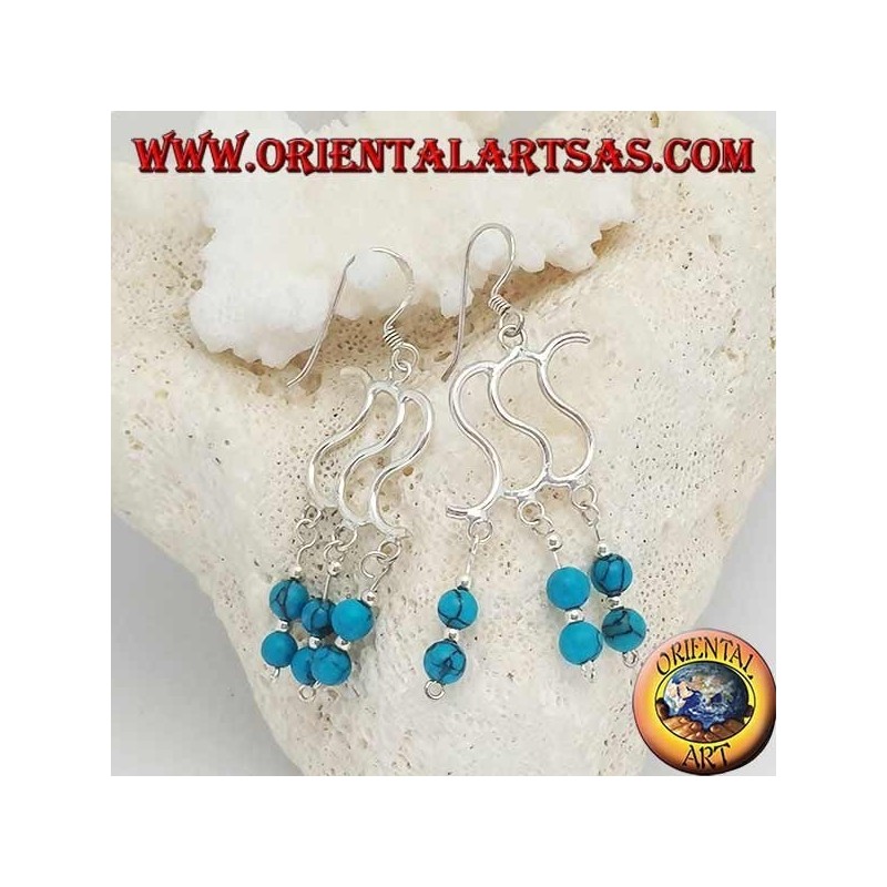 Silver earrings with triple S and three rows with two turquoise balls alternating with silver