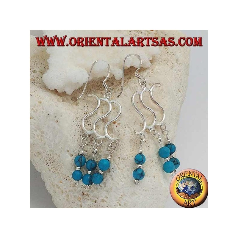 Orecchini in argento con tripla S e tre file con due palline di turchese alternate ad argento