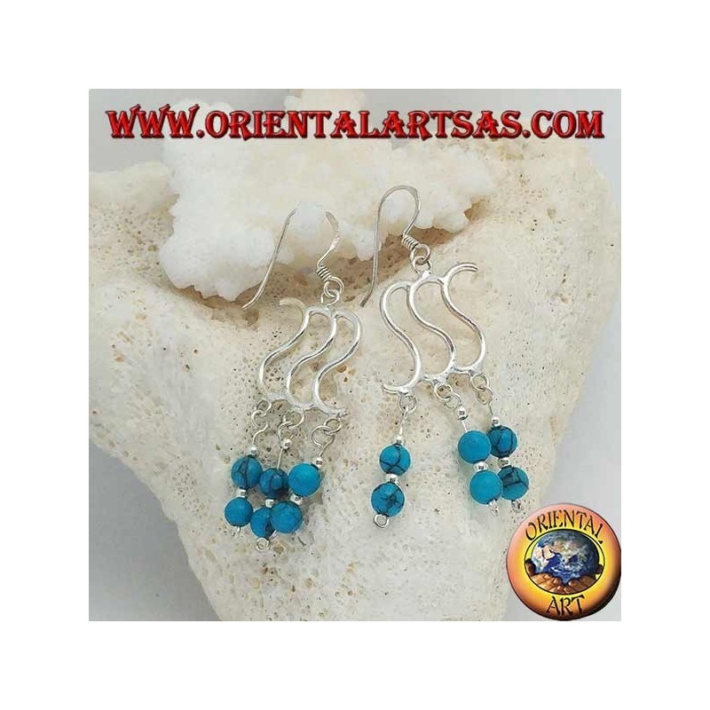 Boucles d'oreilles en argent avec triple S et trois rangées avec deux boules turquoise alternant avec de l'argent