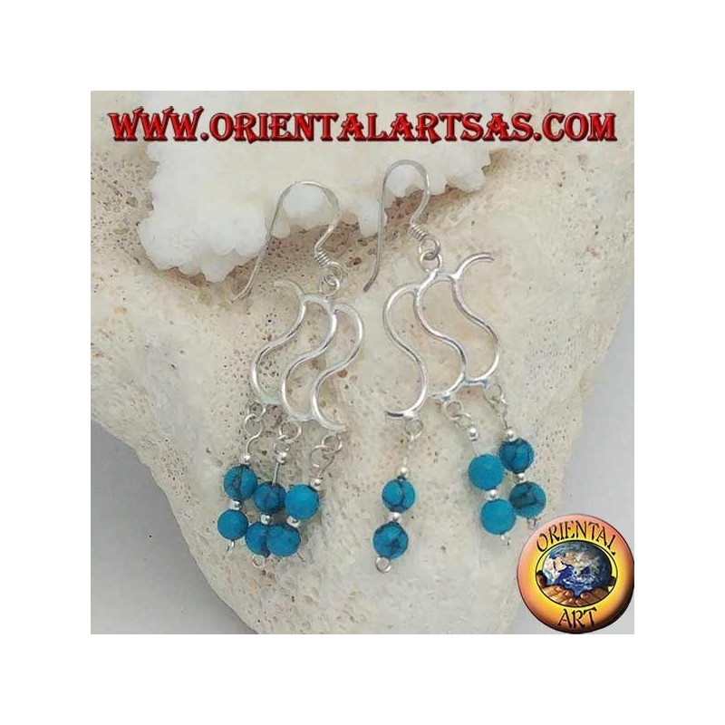 Boucles d'oreilles en argent avec triple S et trois rangées avec deux boules turquoise alternant avec de l'argent