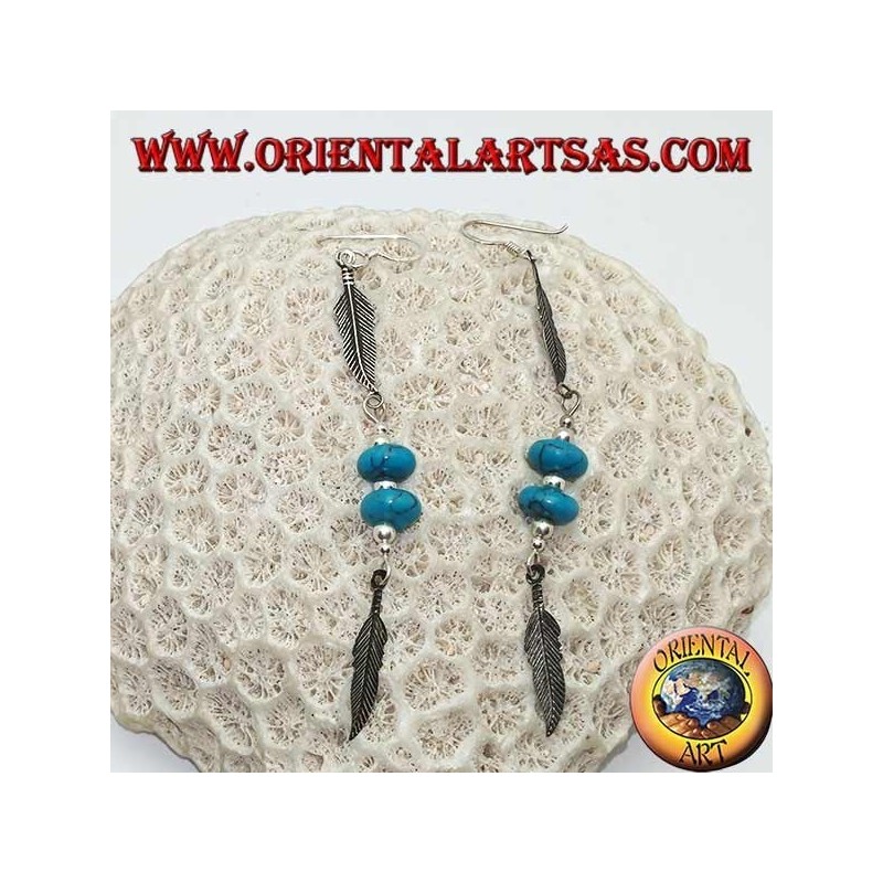 Silver pendant earrings with turquoise discs and balls between two feathers
