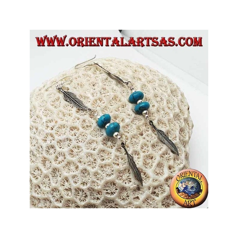 Boucles d'oreilles pendantes en argent avec disques turquoise et boules entre deux plumes