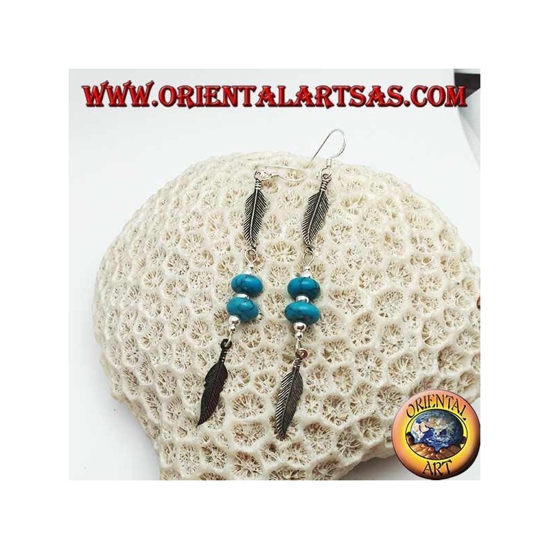 Boucles d'oreilles pendantes en argent avec disques turquoise et boules entre deux plumes