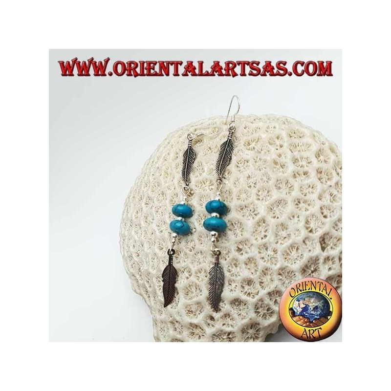 Silver pendant earrings with turquoise discs and balls between two feathers