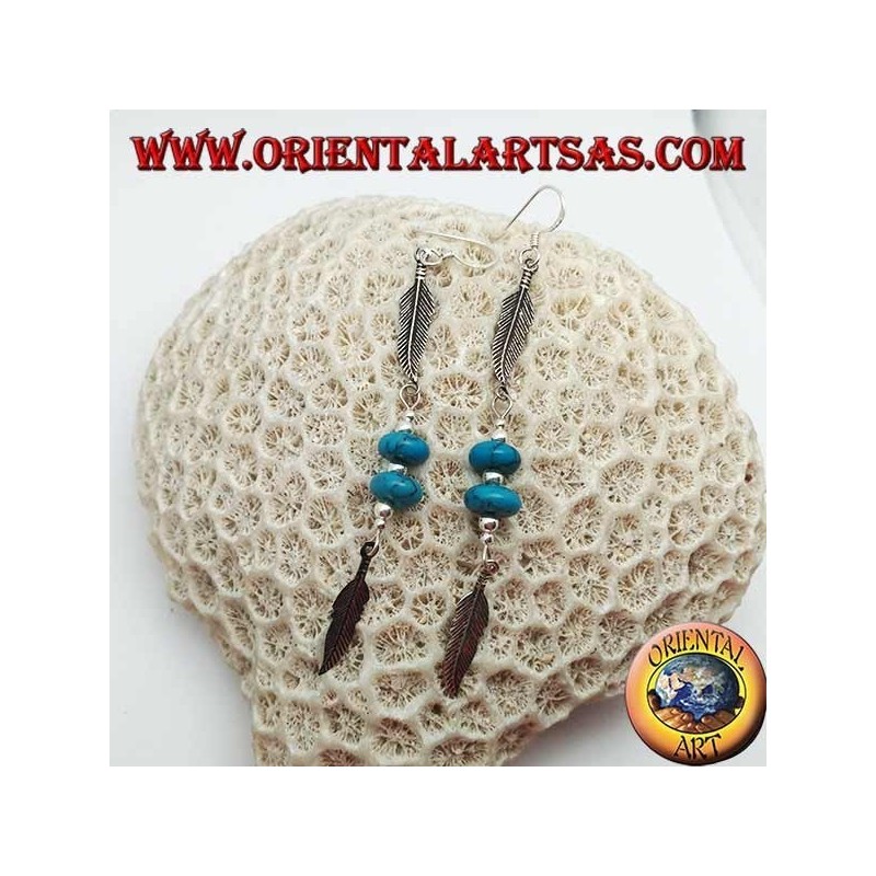 Boucles d'oreilles pendantes en argent avec disques turquoise et boules entre deux plumes