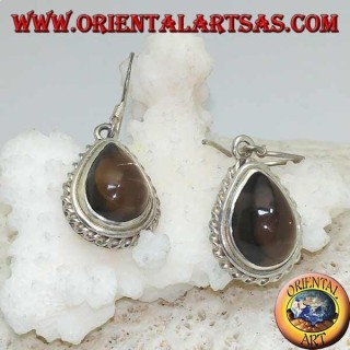 Silver earrings with drop-shaped smoky topaz surrounded by a light weave