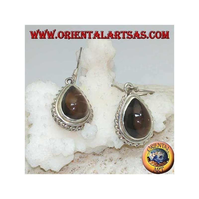 Silver earrings with drop-shaped smoky topaz surrounded by a light weave
