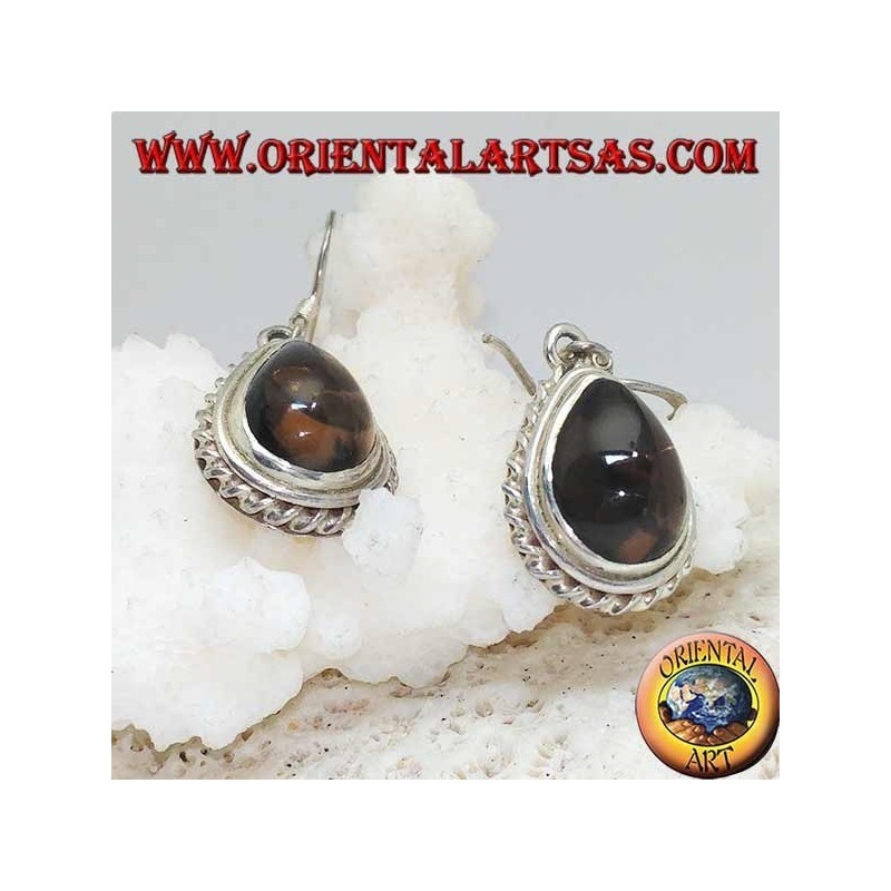 Silver earrings with drop-shaped smoky topaz surrounded by a light weave