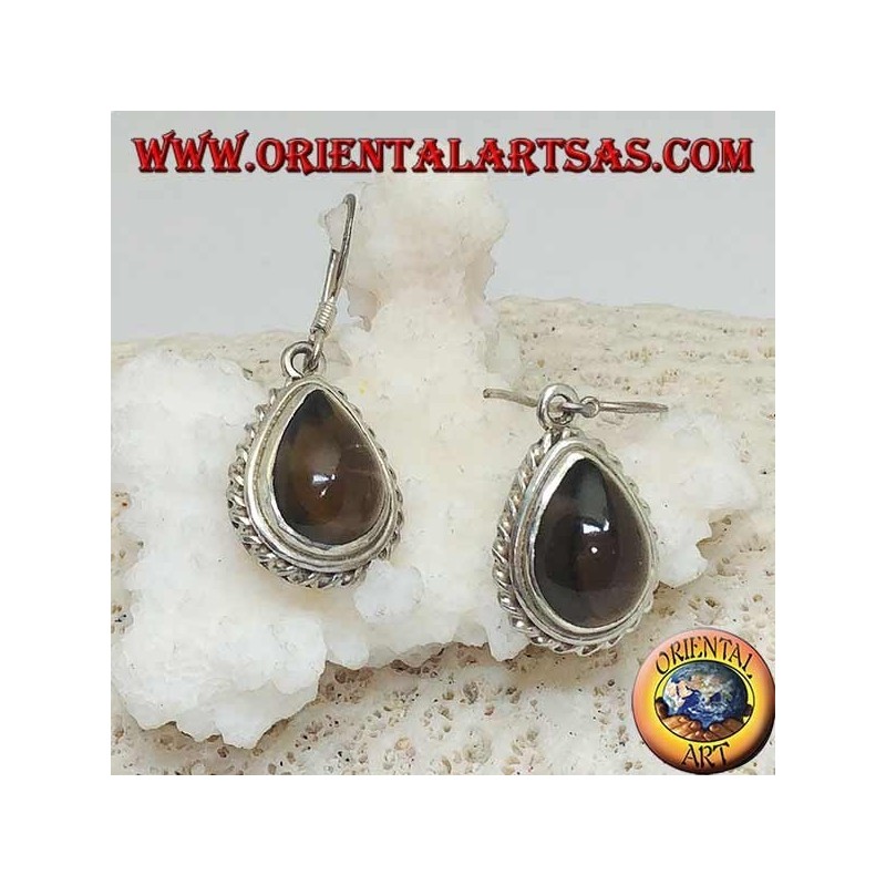 Silver earrings with drop-shaped smoky topaz surrounded by a light weave