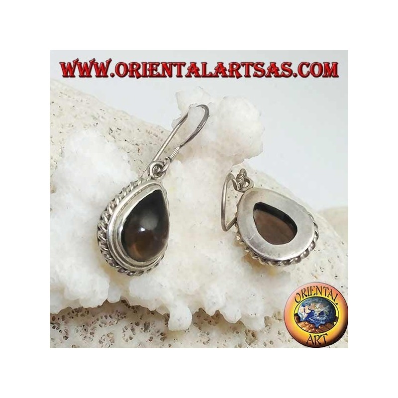 Silver earrings with drop-shaped smoky topaz surrounded by a light weave