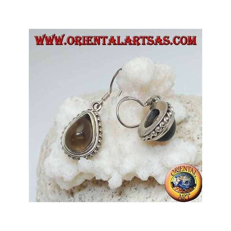 Boucles d'oreilles en argent avec topaze fumée en forme de goutte entourée d'un tissage léger