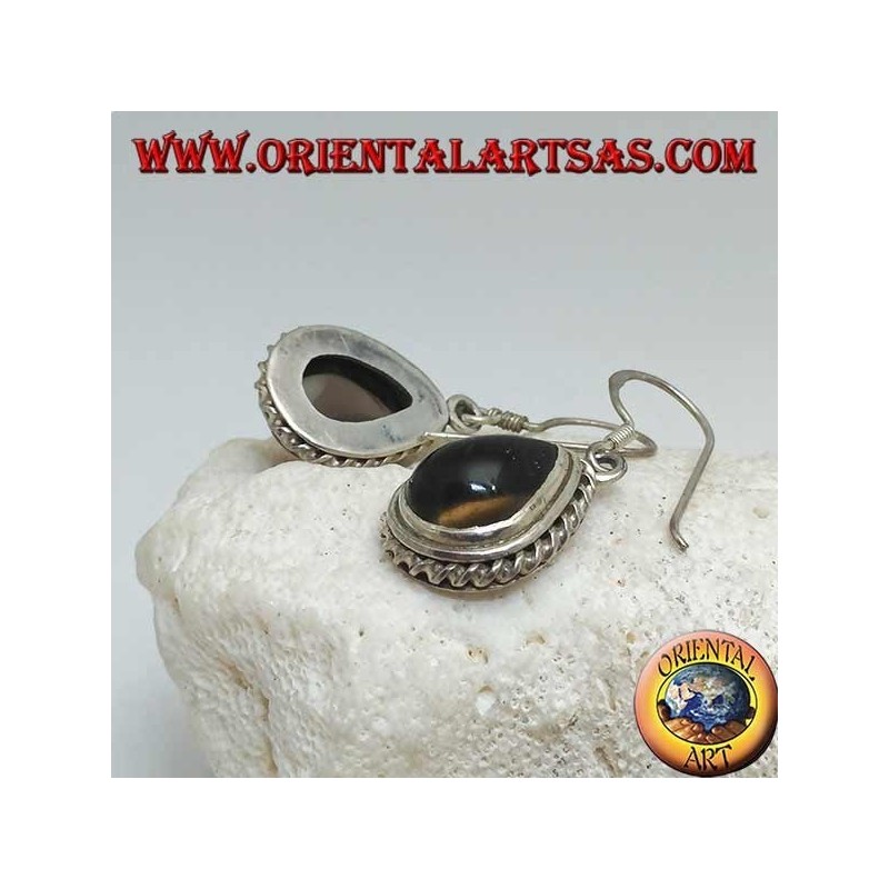 Silver earrings with drop-shaped smoky topaz surrounded by a light weave