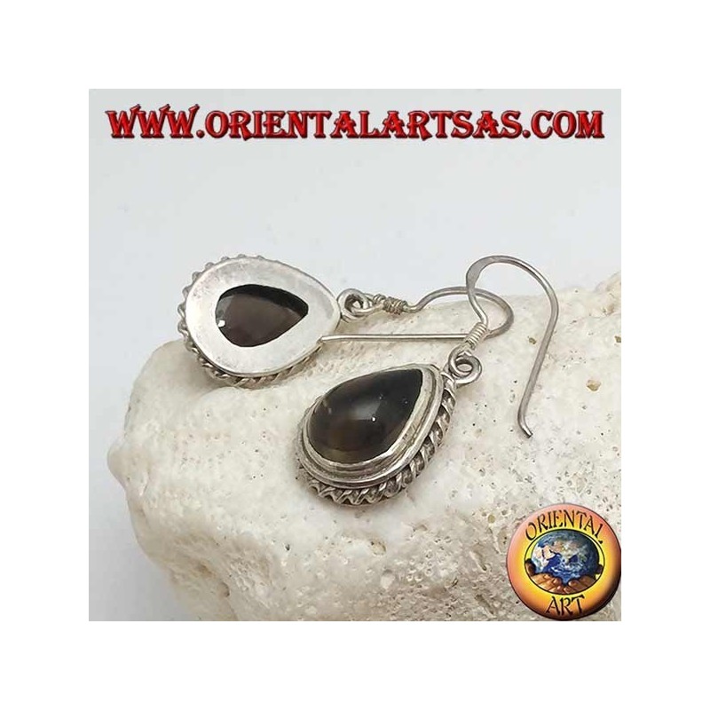 Boucles d'oreilles en argent avec topaze fumée en forme de goutte entourée d'un tissage léger