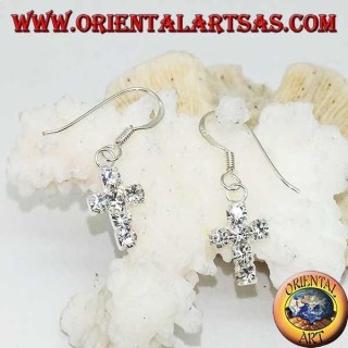 Silver earrings with cross pendant of white zircons set