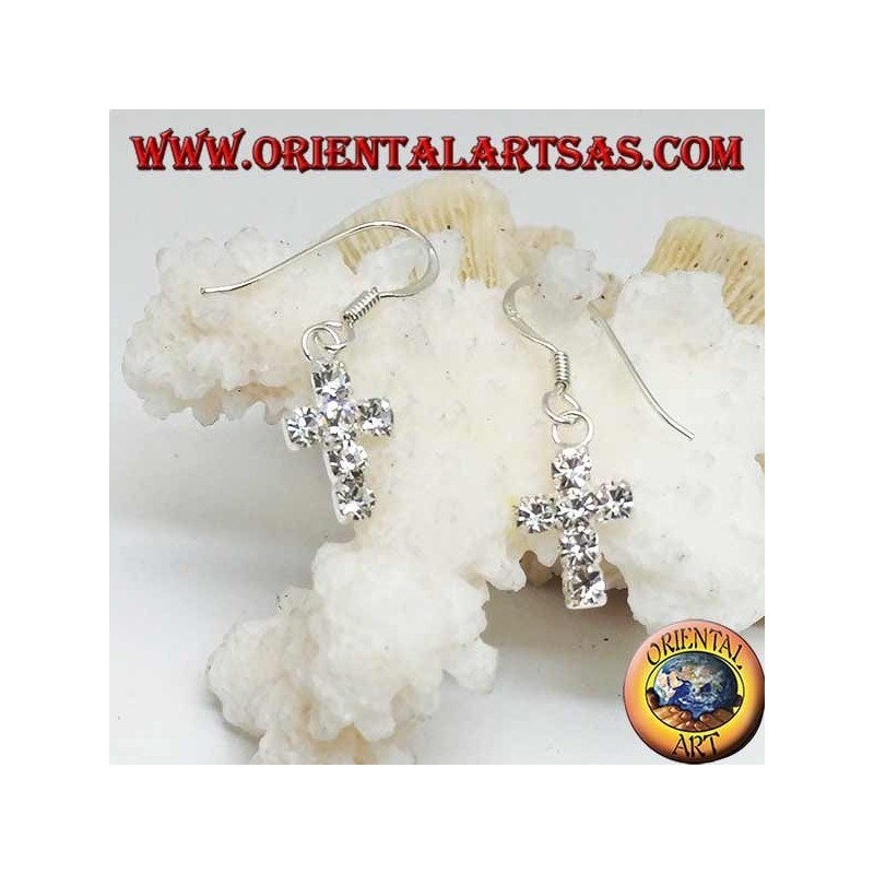 Silver earrings with cross pendant of white zircons set