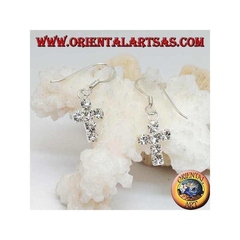 Silver earrings with cross pendant of white zircons set