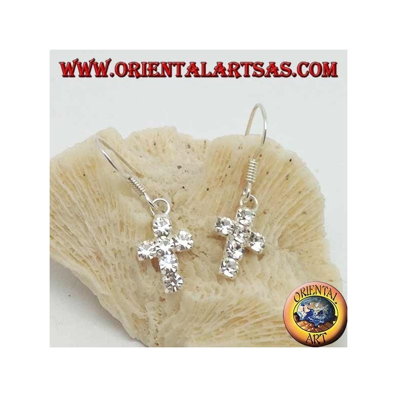 Silver earrings with cross pendant of white zircons set