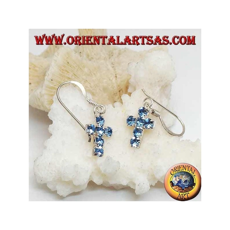 Silver earrings with a cross pendant of blue zircons set