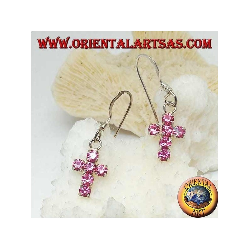 Silver earrings with cross pendant of pink zircons set