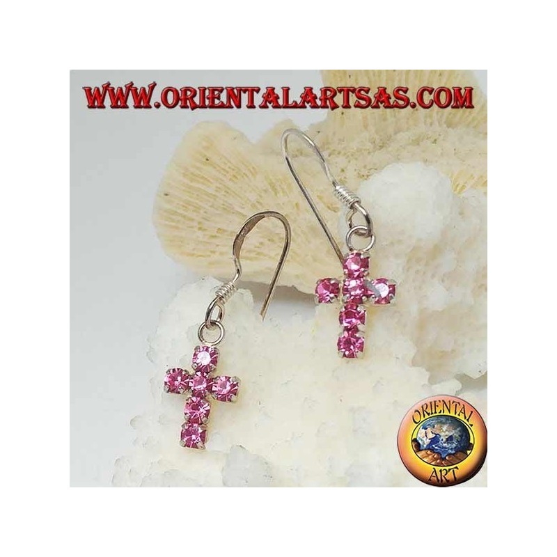 Orecchini in argento con croce pendente di zirconi rosa incastonati