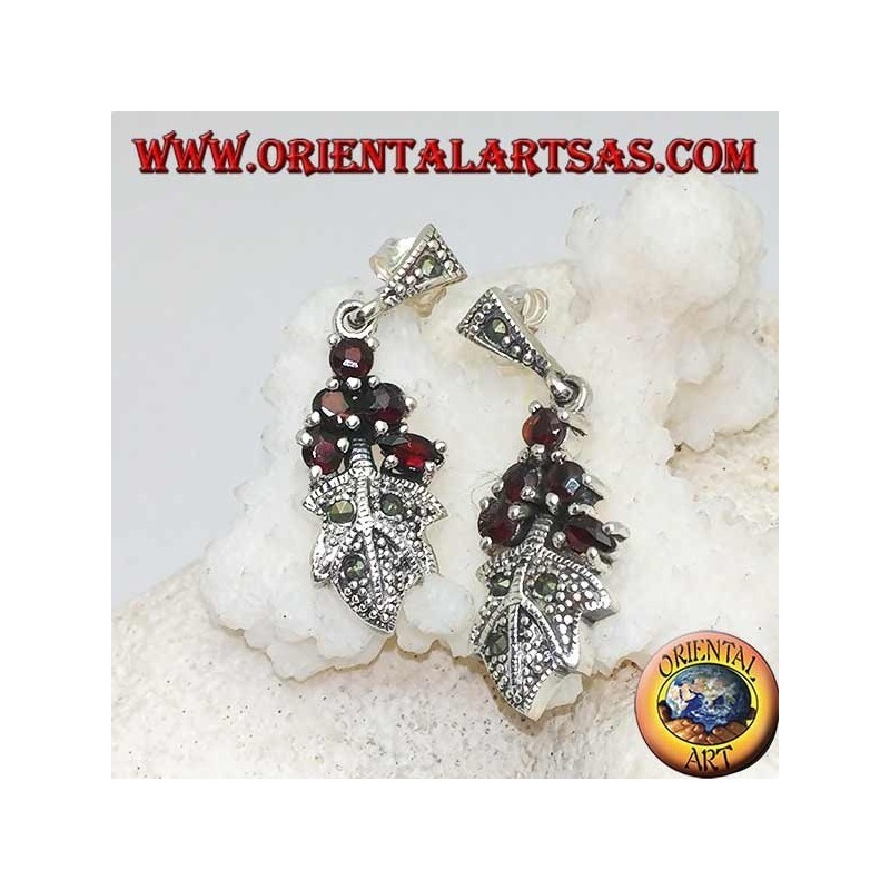 Silver earrings with 5 garnets set on a marcasite studded leaf