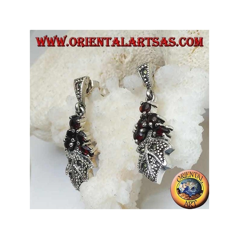 Silver earrings with 5 garnets set on a marcasite studded leaf