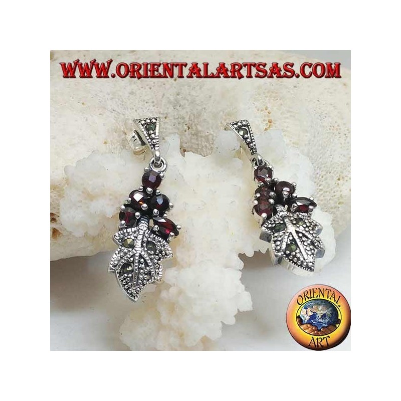 Silver earrings with 5 garnets set on a marcasite studded leaf