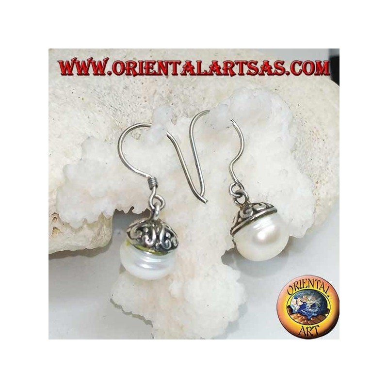 Silver earrings with freshwater pearl and ethnic decoration