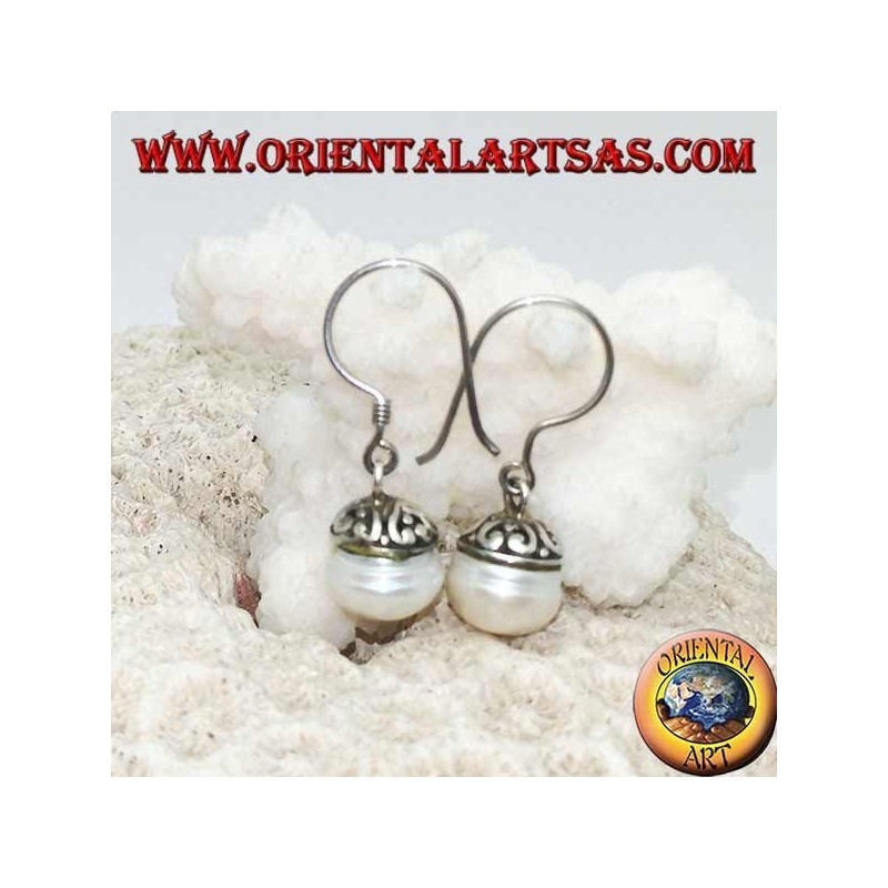 Silver earrings with freshwater pearl and ethnic decoration