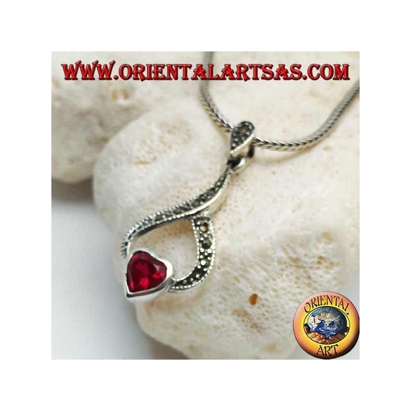 Silver pendant garnet heart in a marcasite drop thread
