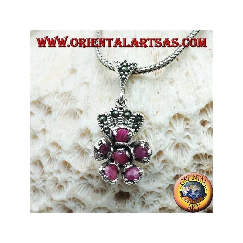 Silver flower pendant of natural rubies set with marcasite crown