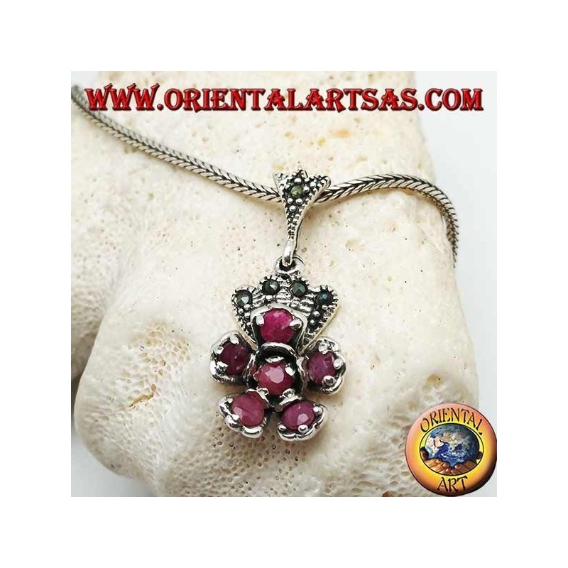 Silver flower pendant of natural rubies set with marcasite crown