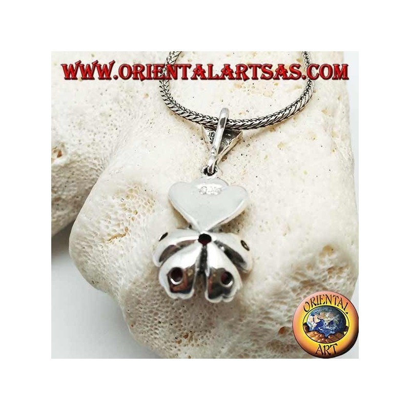 Silver flower pendant of natural rubies set with marcasite crown