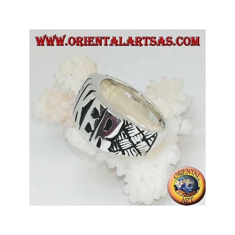 Silver ring with "BIKER" written in block letters and engravings on the sides
