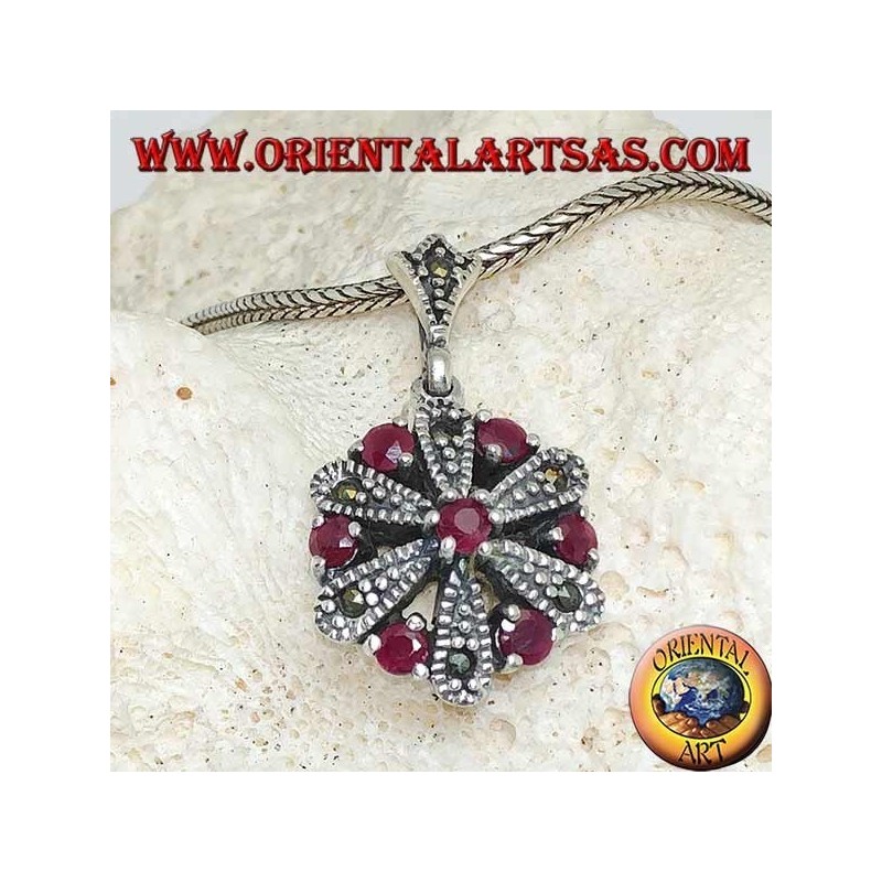 Pendentif marguerite en argent avec 6 +1 ronds et rubis naturels de marcassite