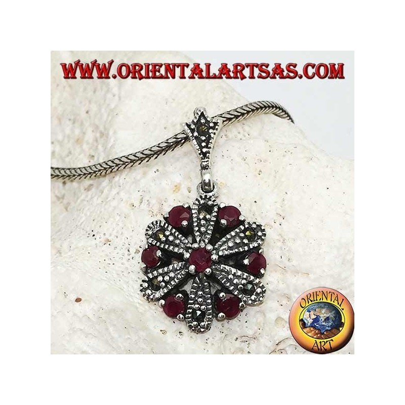 Pendentif marguerite en argent avec 6 +1 ronds et rubis naturels de marcassite