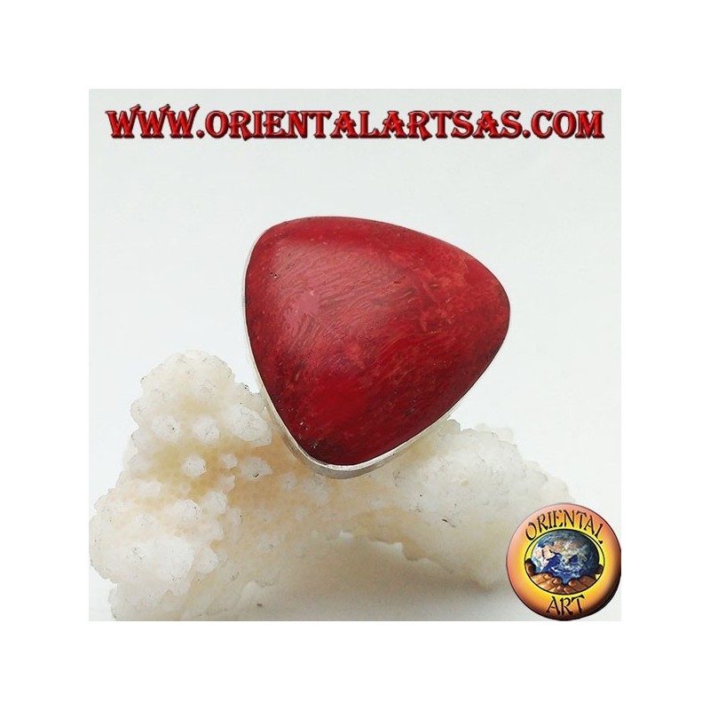 Anillo de plata con coral rojo (coral) triangular ajustable redondeado (tamaño libre)