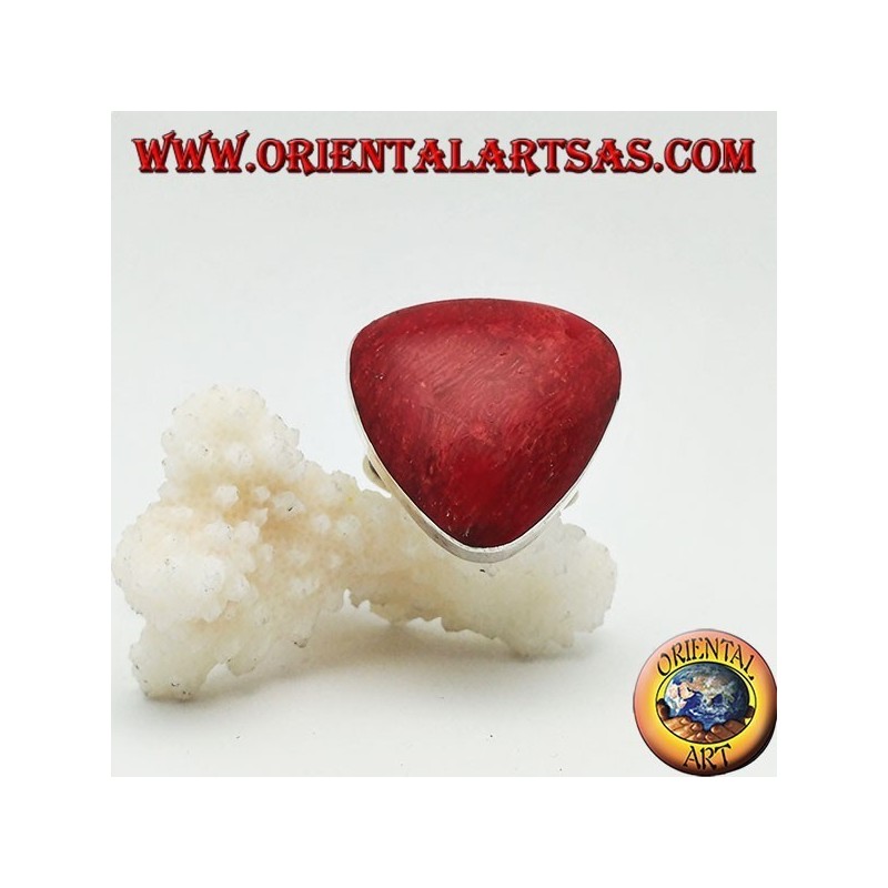 Silver ring with red rounded coral (coral) triangular adjustable (freesize)