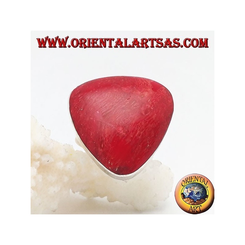 Silver ring with red rounded coral (coral) triangular adjustable (freesize)