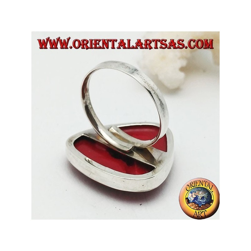 Anillo de plata con coral rojo (coral) triangular ajustable redondeado (tamaño libre)