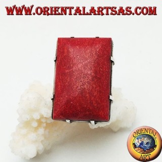 Anello in argento con madrepora rossa (corallo) rettangolare incastonata regolabile (freesize) 